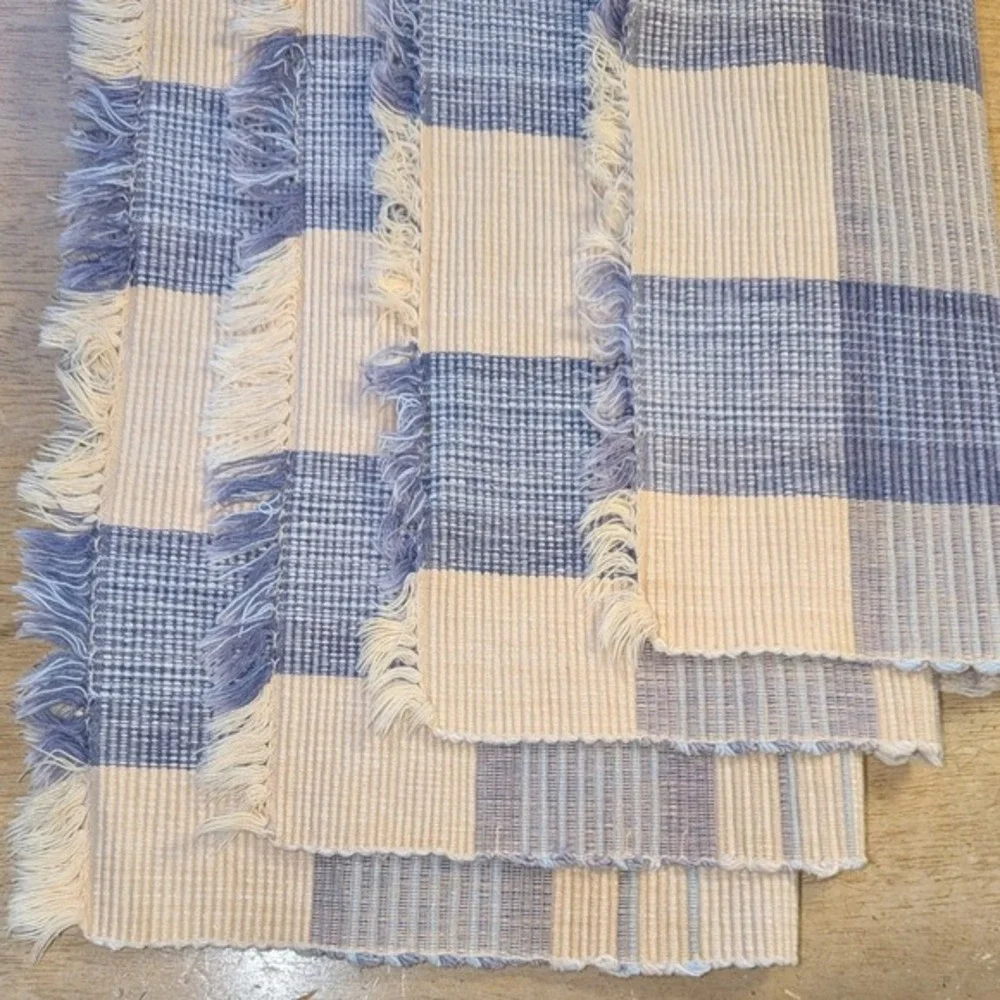 4 Blue Cream Buffalo Check Woven Fringed Placemats Farmhouse Country Decor